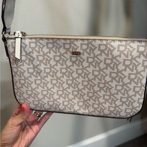 DKNY Cream and Brown Shoulder Bag with Monogram Design